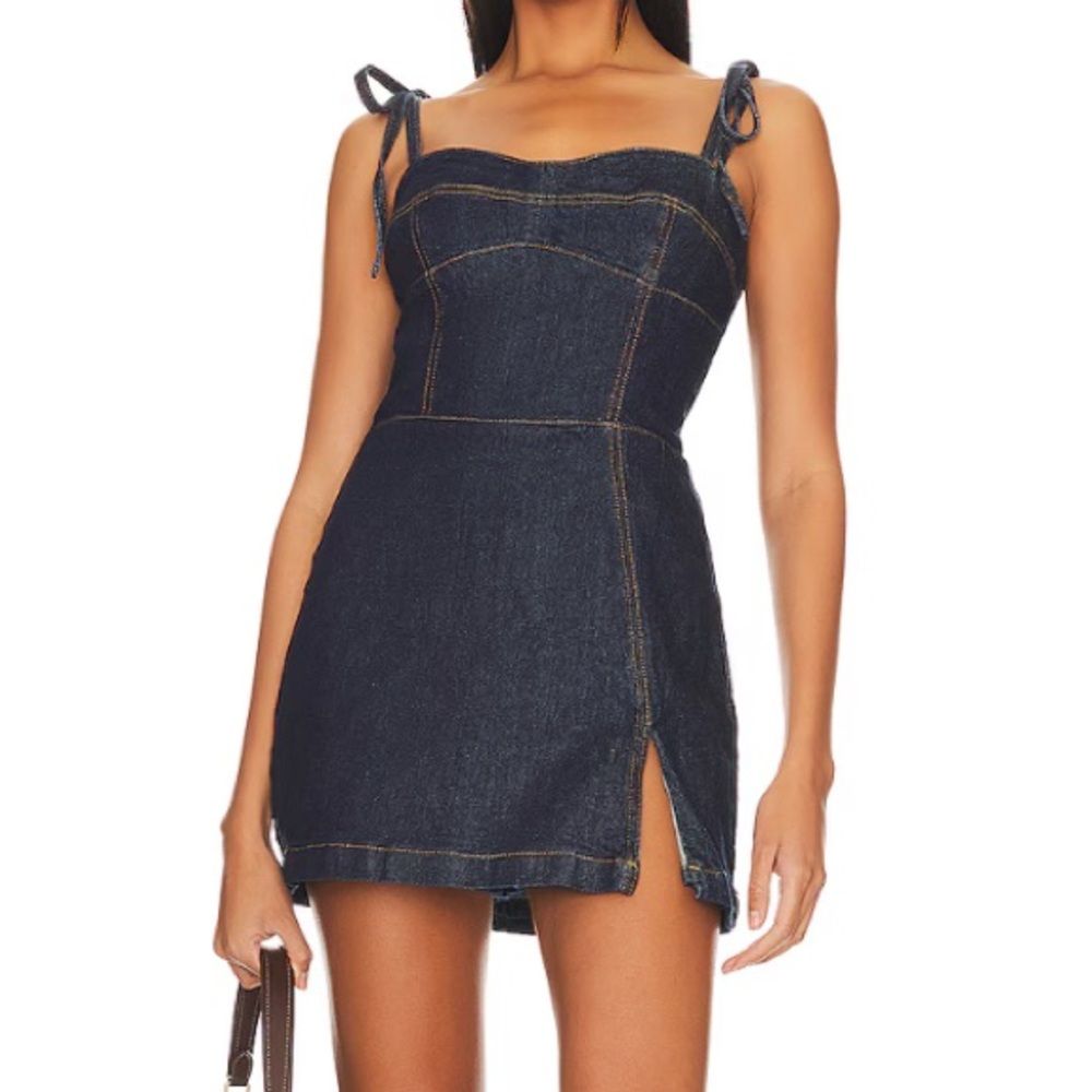 Dark Blue Denim Romper With Tie Straps
